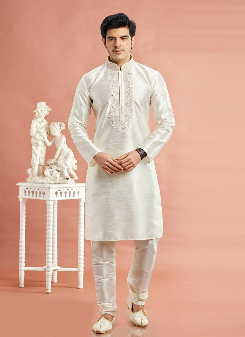 Ivory Banarasi Art Silk Embroidered Kurta Pajama Set
