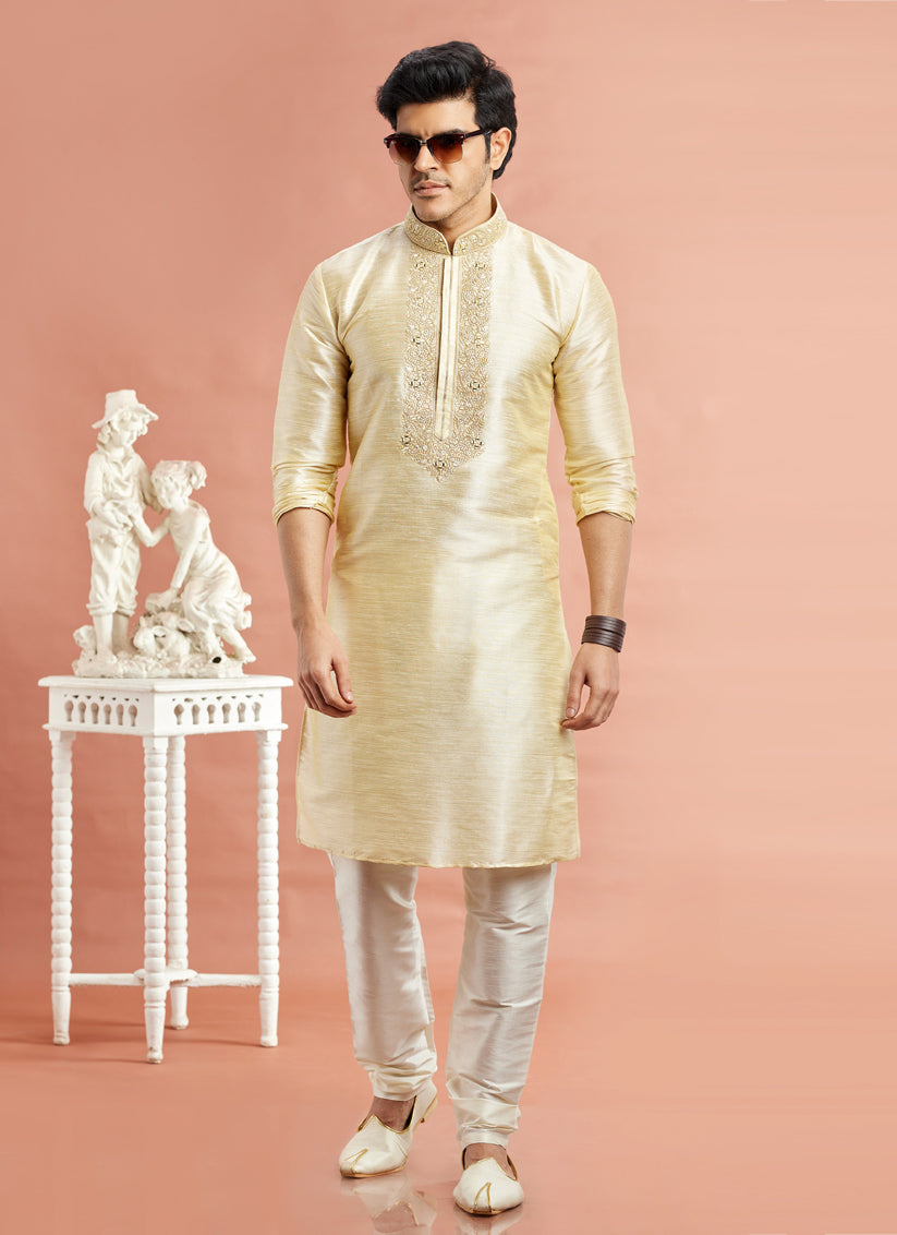 Pastel Yellow Banarasi Art Silk Embroidered Kurta Pajama Set