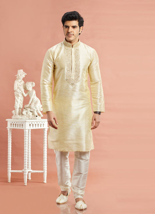 Pastel Yellow Banarasi Art Silk Embroidered Kurta Pajama Set