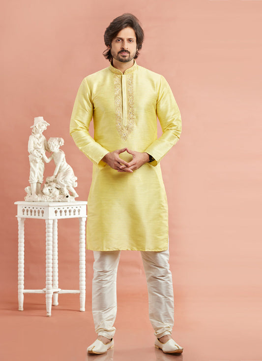 Lemon Yellow Banarasi Art Silk Embroidered Kurta Pajama Set