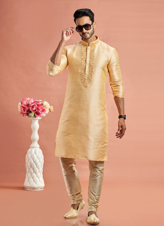 Beige Banarasi Art Silk Embroidered Kurta Pajama Set