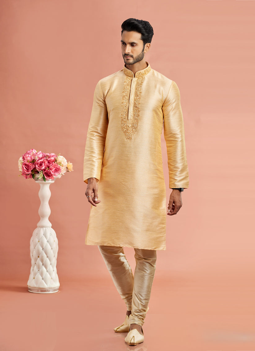 Beige Banarasi Art Silk Embroidered Kurta Pajama Set