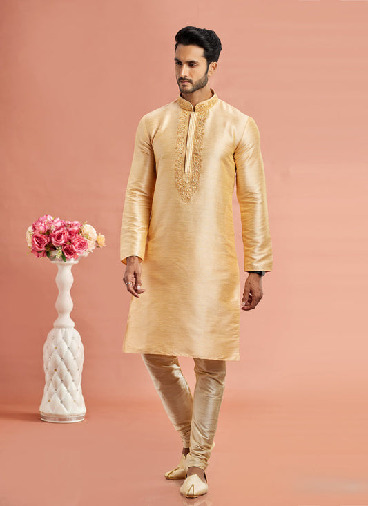 Beige Banarasi Art Silk Embroidered Kurta Pajama Set