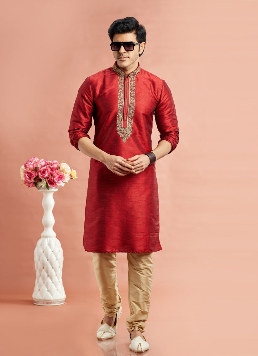 Rust Red Banarasi Art Silk Embroidered Kurta Pajama Set
