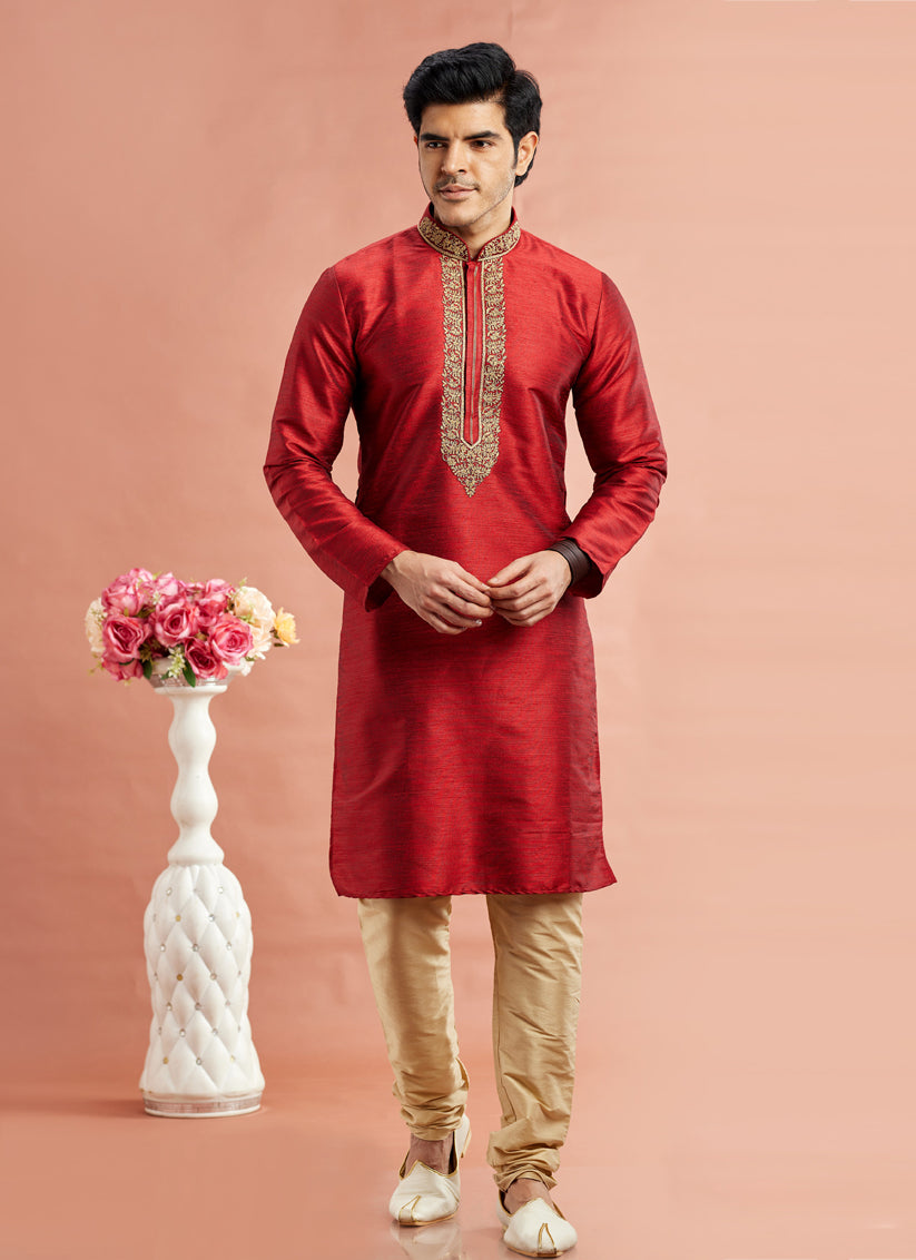 Rust Red Banarasi Art Silk Embroidered Kurta Pajama Set