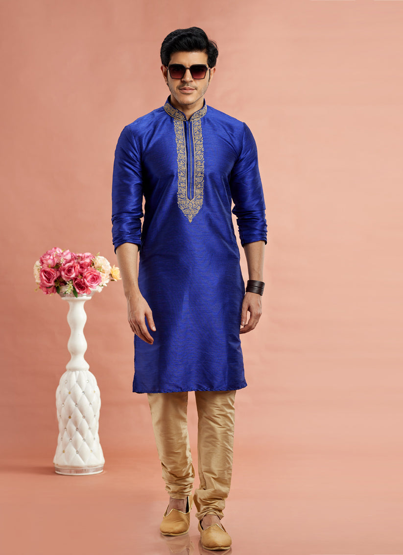 Royal Blue Banarasi Art Silk Embroidered Kurta Pajama Set