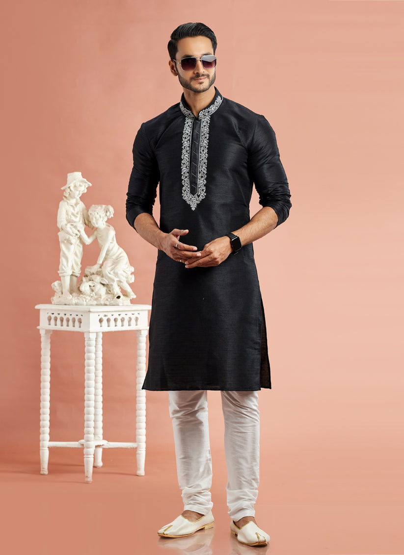 Black Banarasi Art Silk Embroidered Kurta Pajama Set