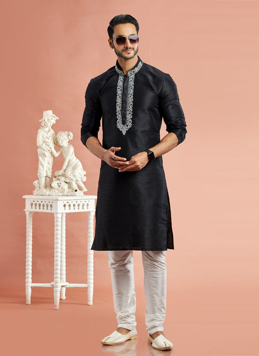 Black Banarasi Art Silk Embroidered Kurta Pajama Set