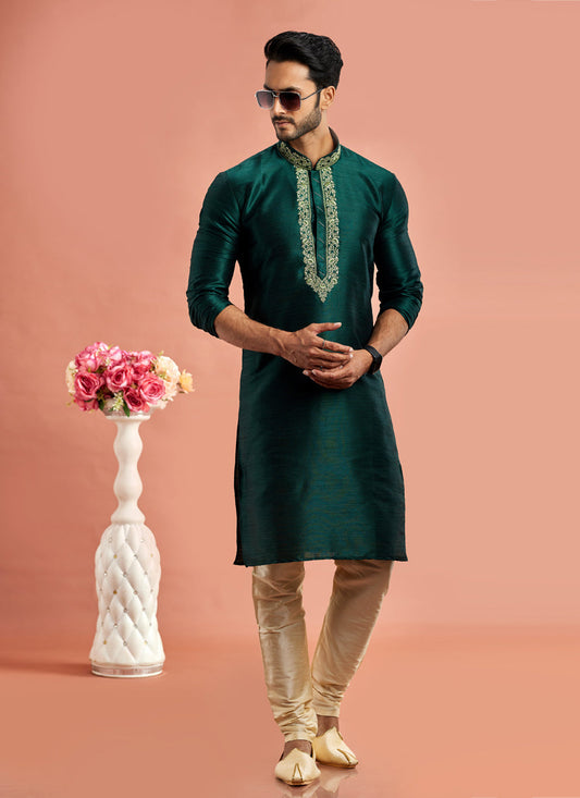 Pine Green Banarasi Art Silk Embroidered Kurta Pajama Set