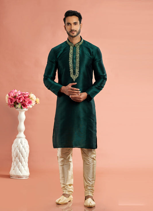 Pine Green Banarasi Art Silk Embroidered Kurta Pajama Set
