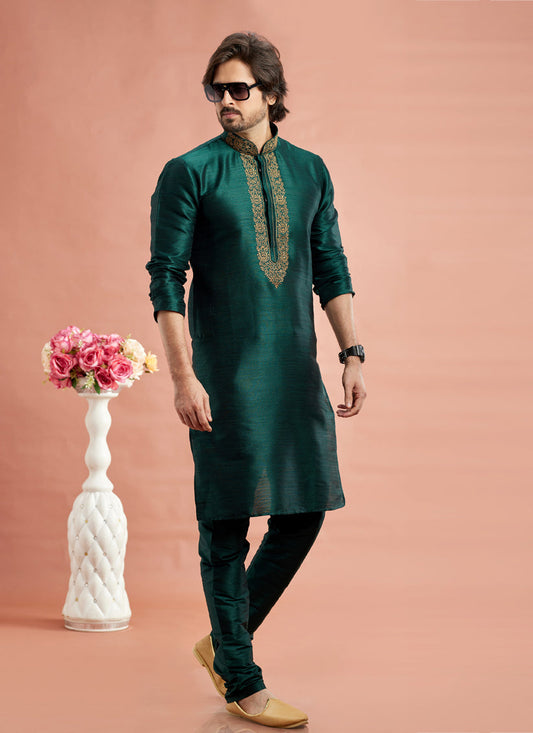 Bottle Green Banarasi Art Silk Embroidered Kurta Pajama Set