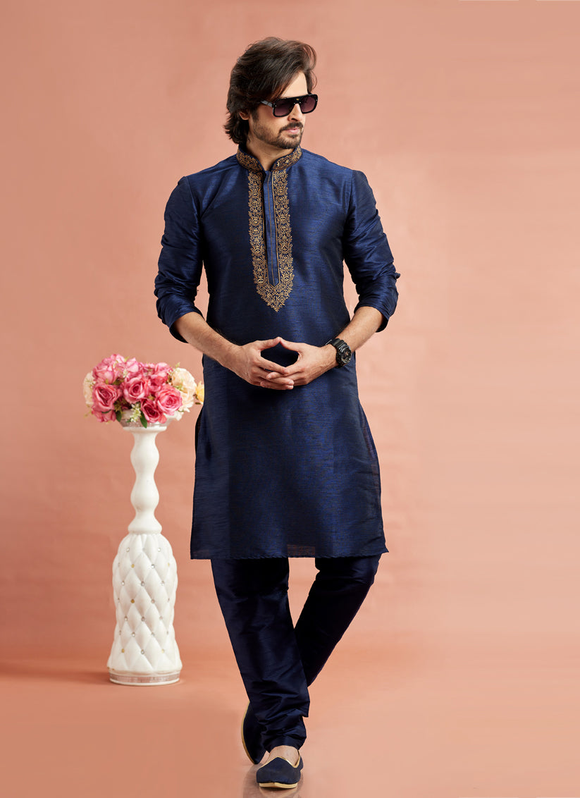 Midnight Blue Banarasi Art Silk Embroidered Kurta Pajama Set