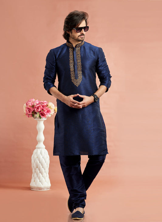 Midnight Blue Banarasi Art Silk Embroidered Kurta Pajama Set