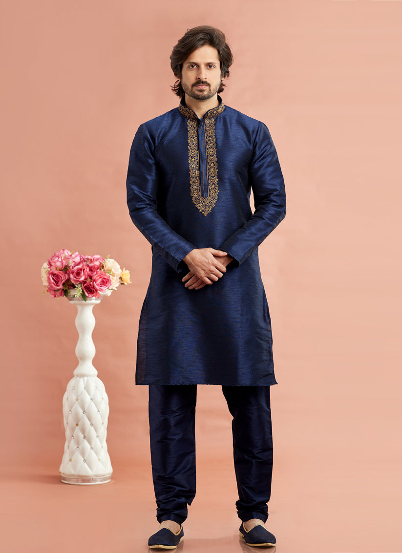 Midnight Blue Banarasi Art Silk Embroidered Kurta Pajama Set