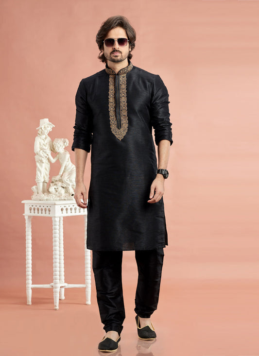 Black Banarasi Art Silk Embroidered Kurta Pajama Set