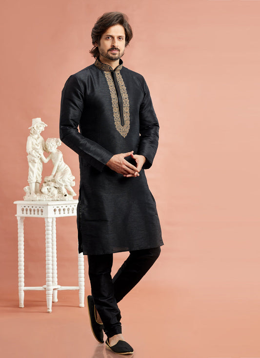 Black Banarasi Art Silk Embroidered Kurta Pajama Set
