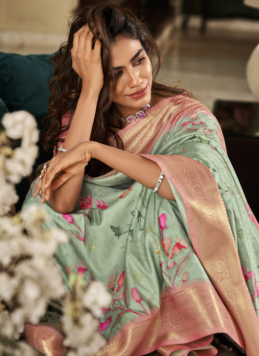 Pista Green Soft Silk Digital Printed Saree