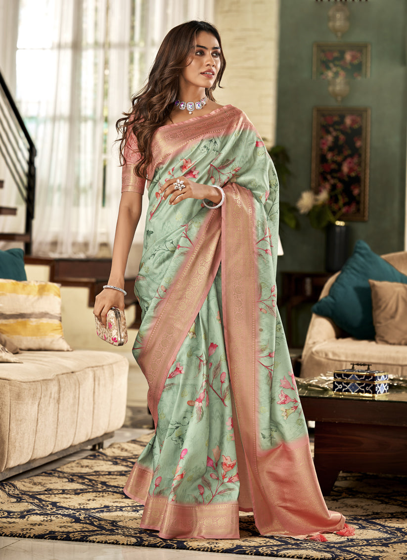 Pista Green Soft Silk Digital Printed Saree
