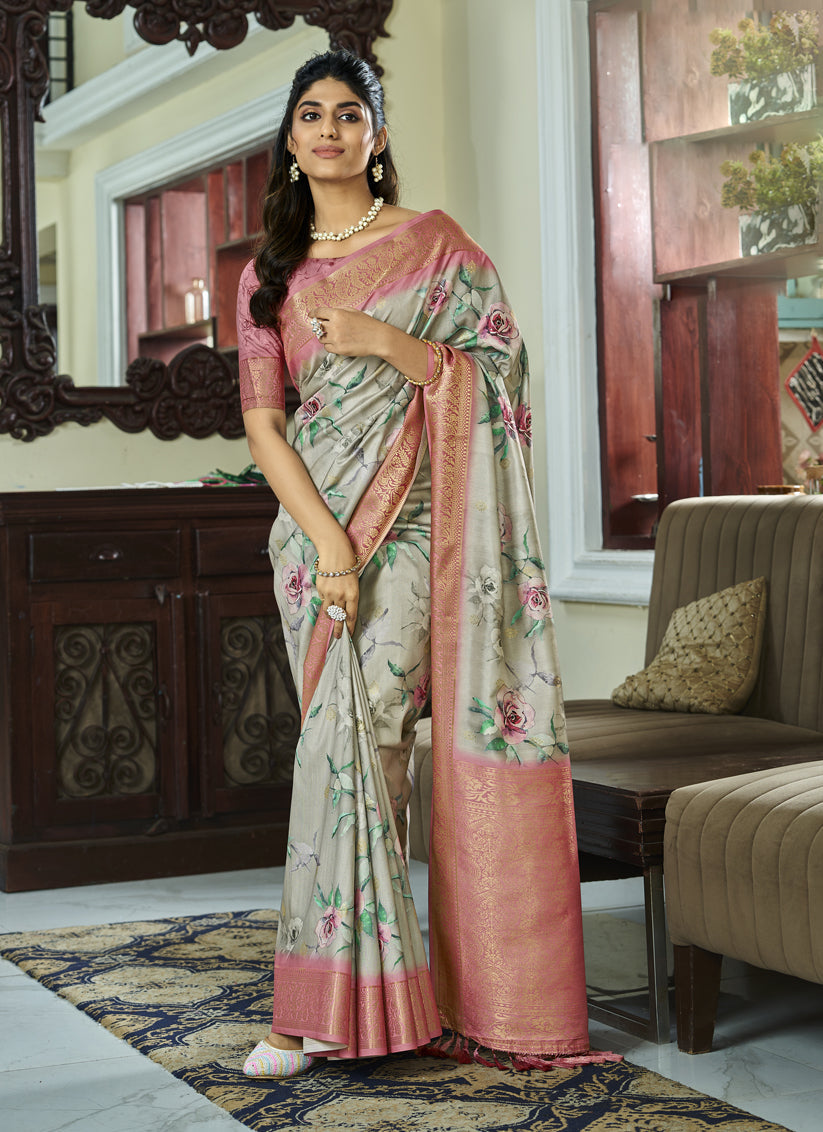 Mint Grey Pure Handloom Kotha Silk Saree