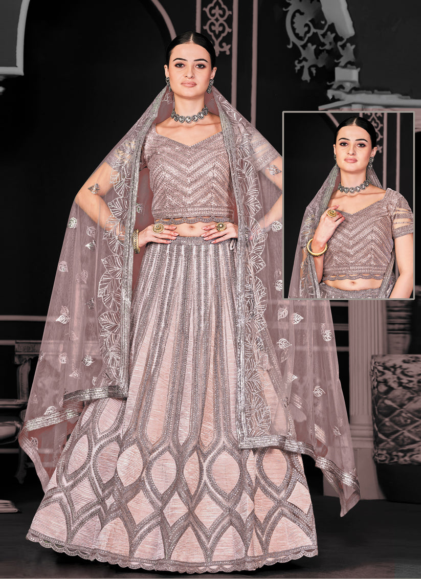 Rose Taupe Net Embroidered Designer Lehenga Choli