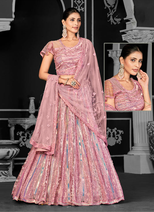 Dusty Pink Net Embroidered Designer Lehenga Choli