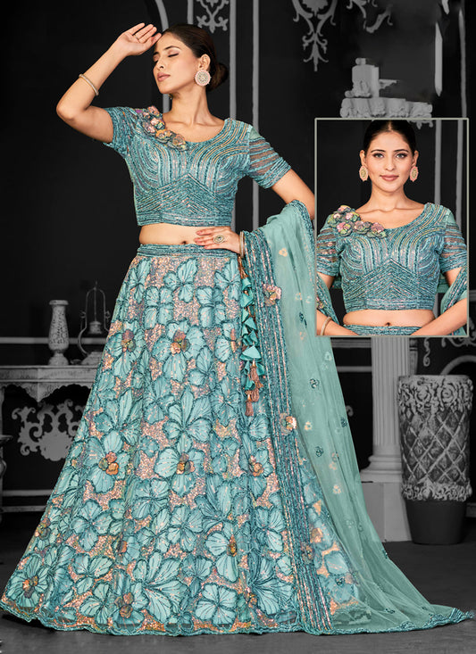 Aqua Blue Net Embroidered Designer Lehenga Choli