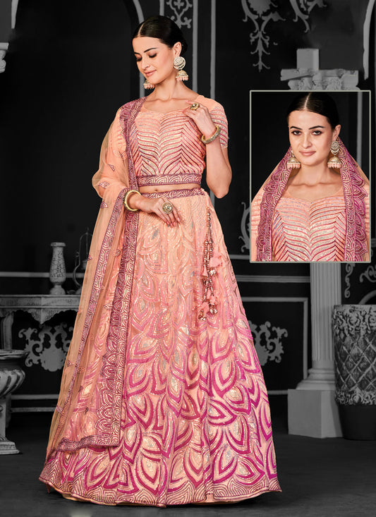 Peach Net Embroidered Designer Lehenga Choli