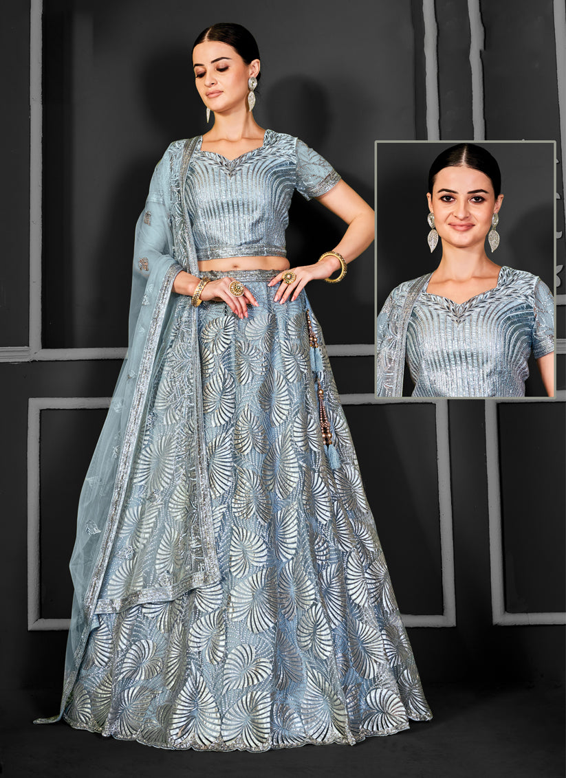 Livid Grey Net Embroidered Designer Lehenga Choli