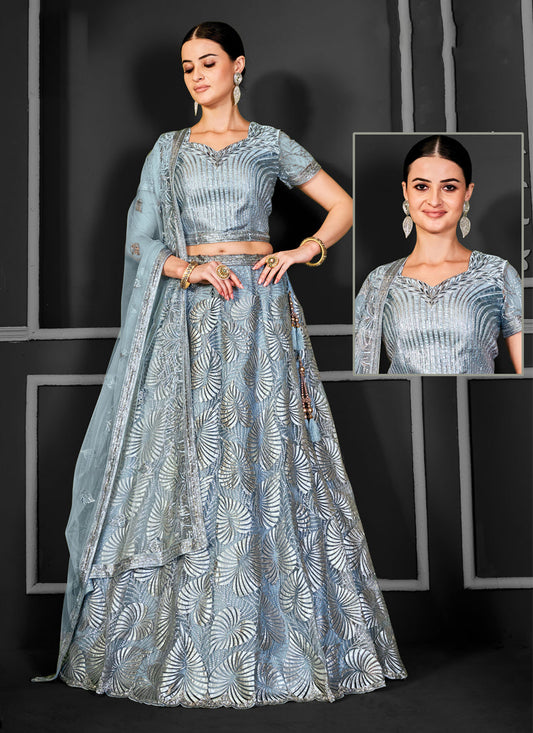 Livid Grey Net Embroidered Designer Lehenga Choli