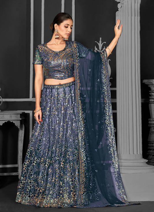 Teal Blue Net Embroidered Designer Lehenga Choli