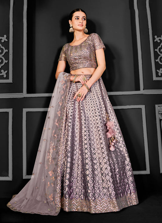 Taupe Net Embroidered Designer Lehenga Choli