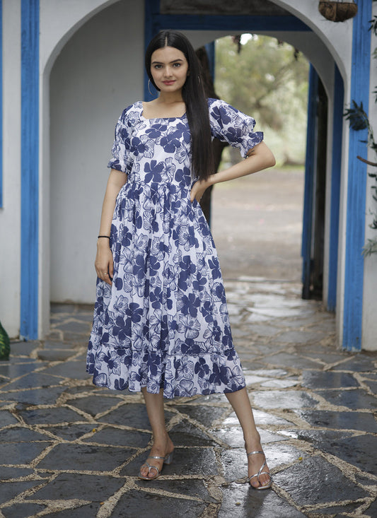 White and Navy Blue Faux Georgette Digital Print Plus Size Kurti
