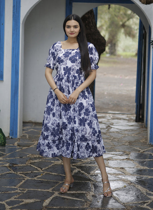 White and Navy Blue Faux Georgette Digital Print Plus Size Kurti