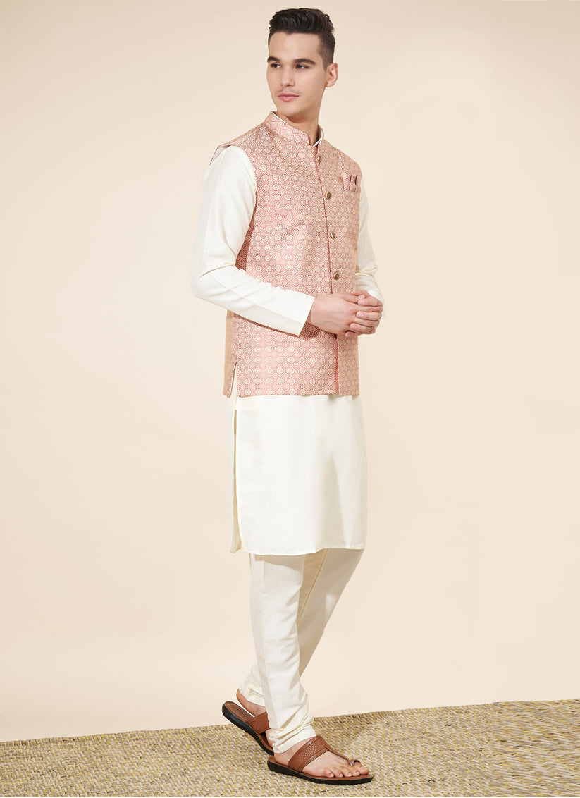 Off White Silk Mens Kurta Pajama Set with Jacquard Jacket