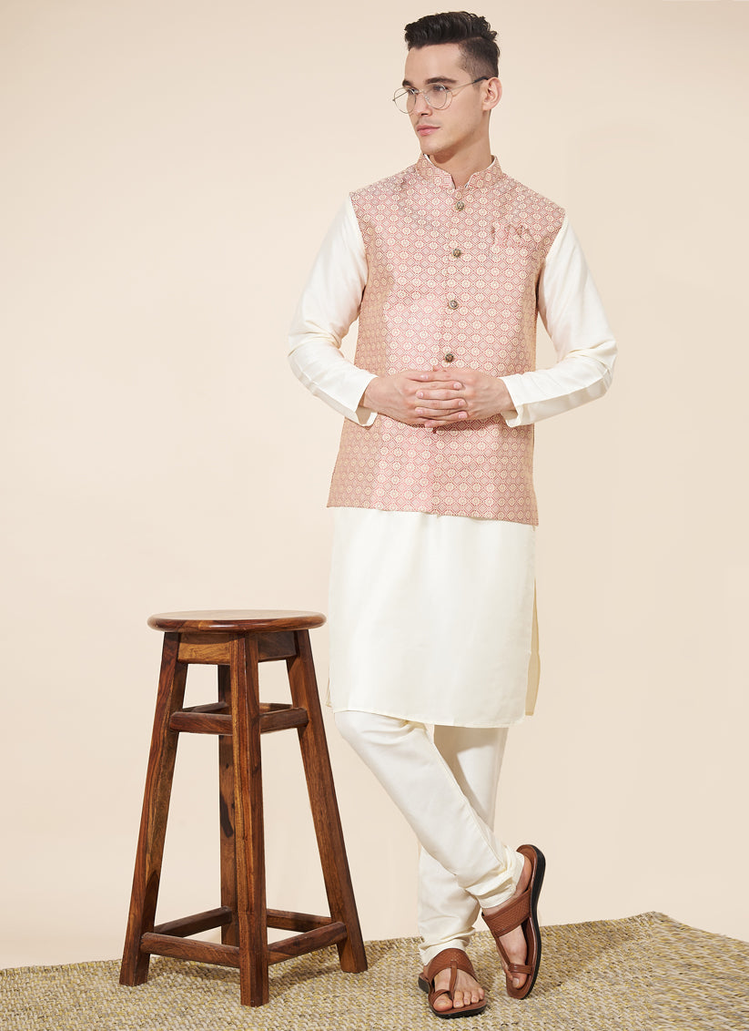 Off White Silk Mens Kurta Pajama Set with Jacquard Jacket
