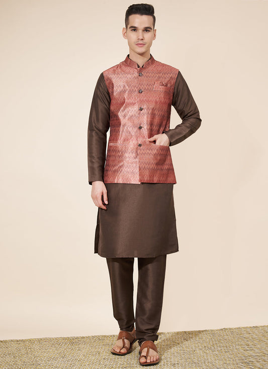 Coffee Brown Silk Mens Kurta Pajama Set with Jacquard Jacket