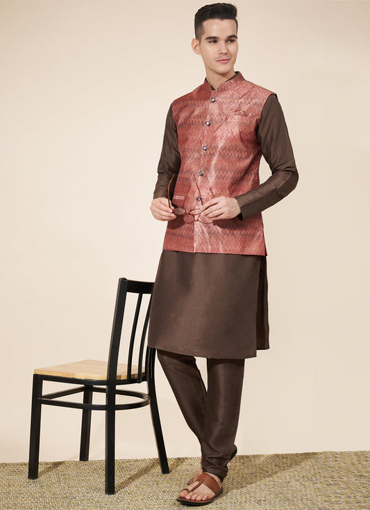 Coffee Brown Silk Mens Kurta Pajama Set with Jacquard Jacket