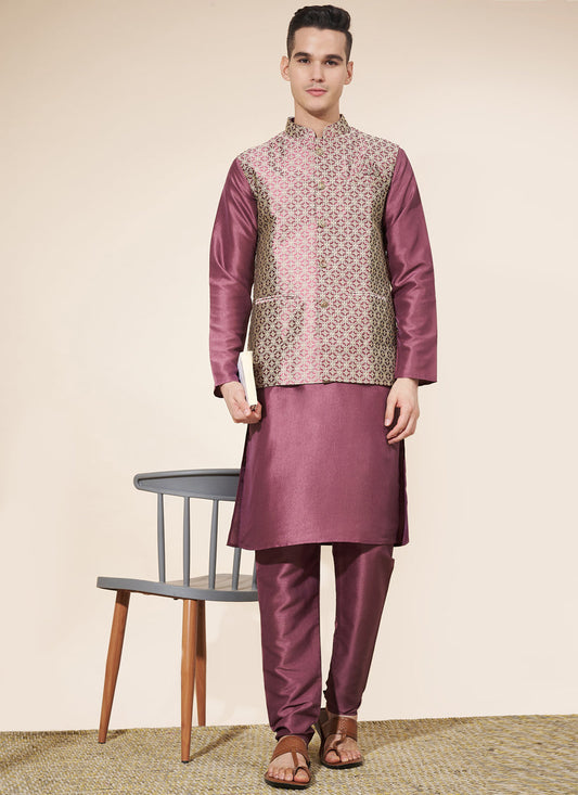 Burgundy Silk Mens Kurta Pajama Set with Jacquard Jacket