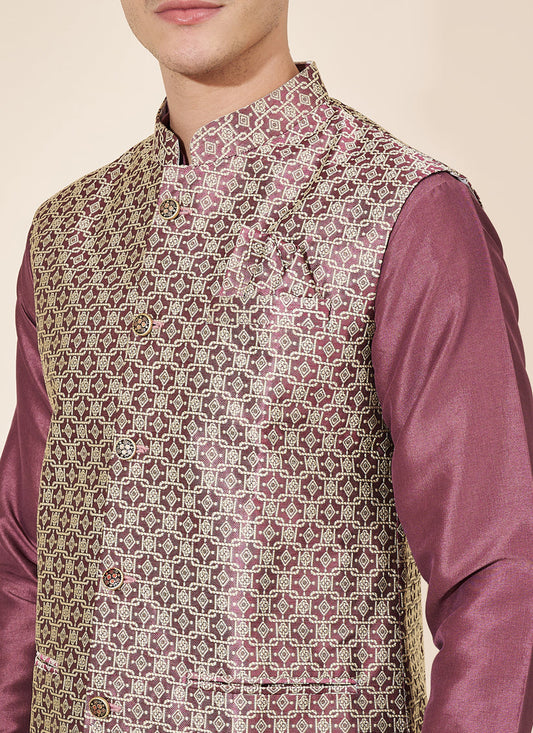 Burgundy Silk Mens Kurta Pajama Set with Jacquard Jacket