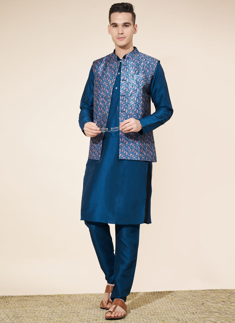 Cobalt Blue Silk Mens Kurta Pajama Set with Jacquard Jacket