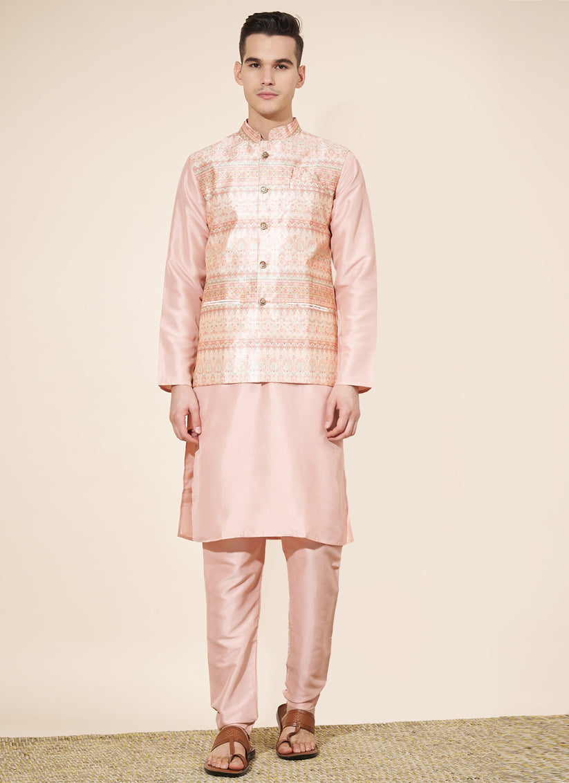 Blush Peach Silk Mens Kurta Pajama Set with Jacquard Jacket