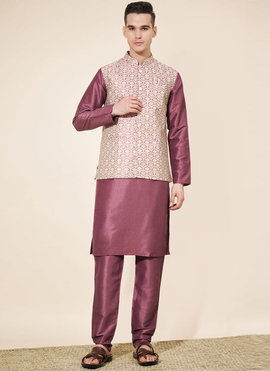 Burgundy Silk Mens Kurta Pajama Set with Jacquard Jacket