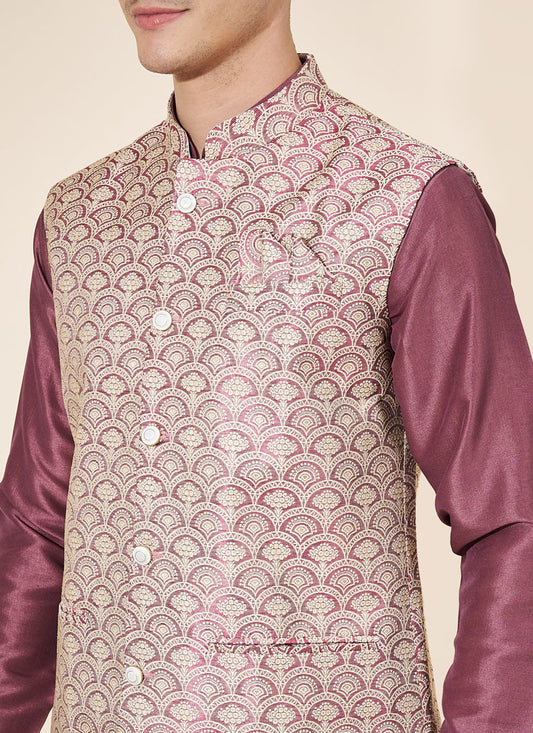 Burgundy Silk Mens Kurta Pajama Set with Jacquard Jacket