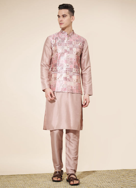 Beige Silk Mens Kurta Pajama Set with Jacquard Jacket