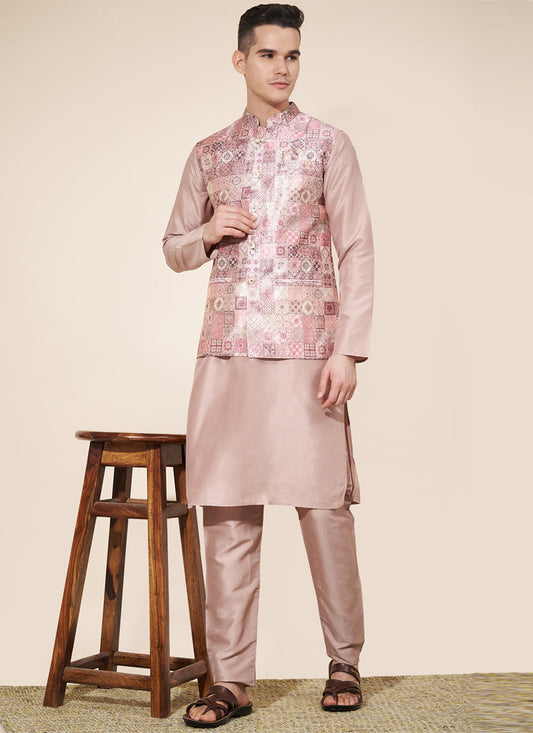 Beige Silk Mens Kurta Pajama Set with Jacquard Jacket