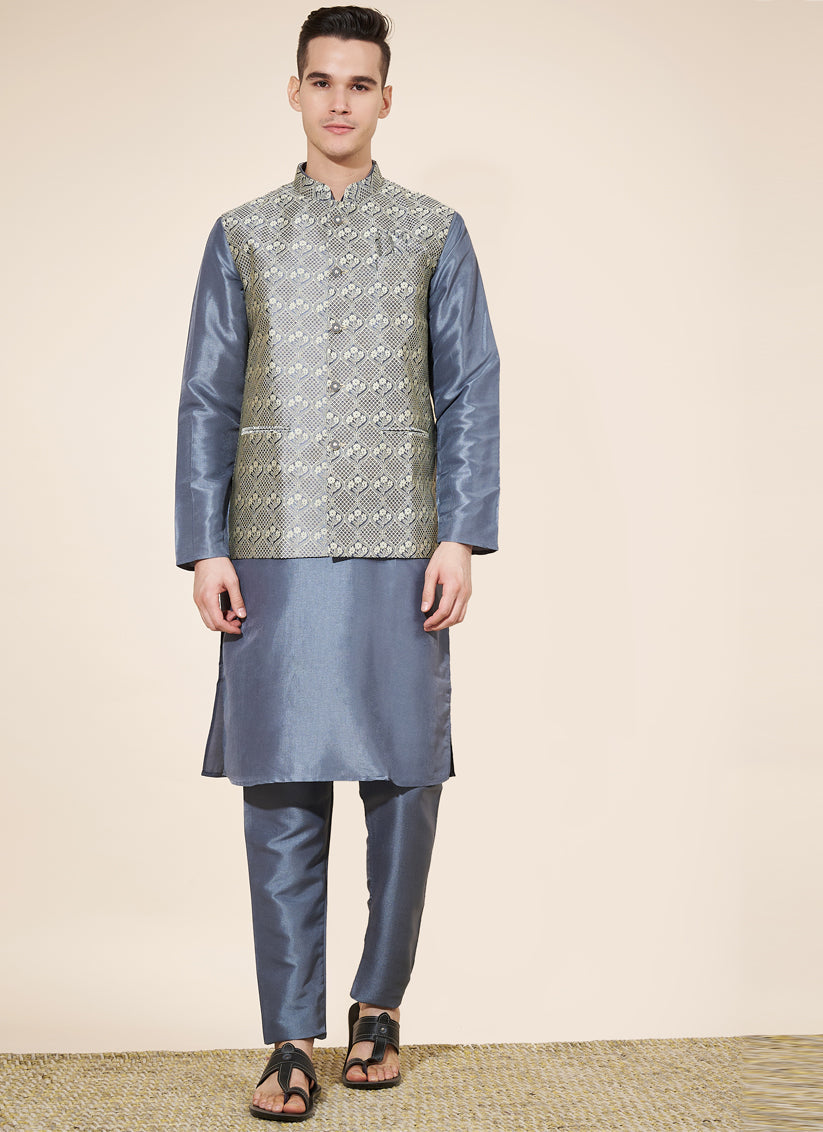 Slate Grey Silk Mens Kurta Pajama Set with Jacquard Jacket