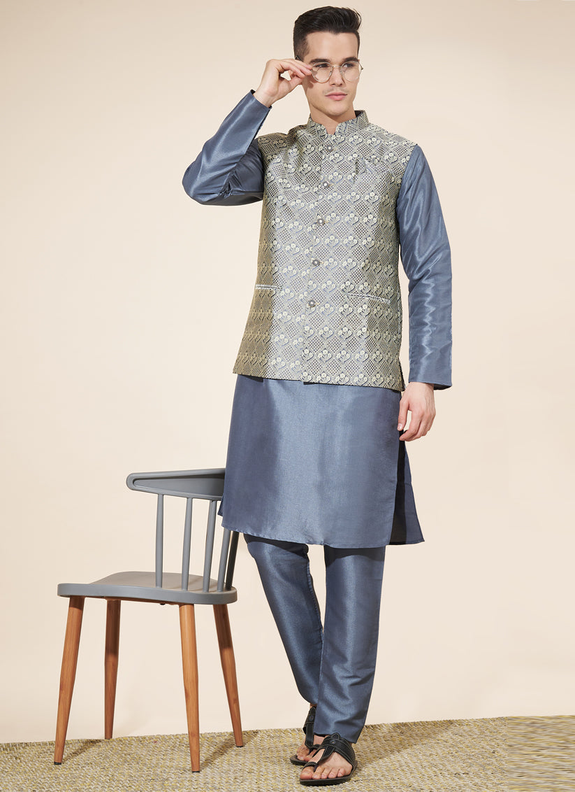 Slate Grey Silk Mens Kurta Pajama Set with Jacquard Jacket