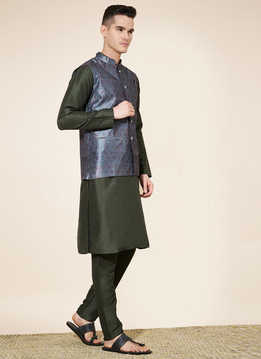 Mehendi Green Silk Mens Kurta Pajama Set with Jacquard Jacket