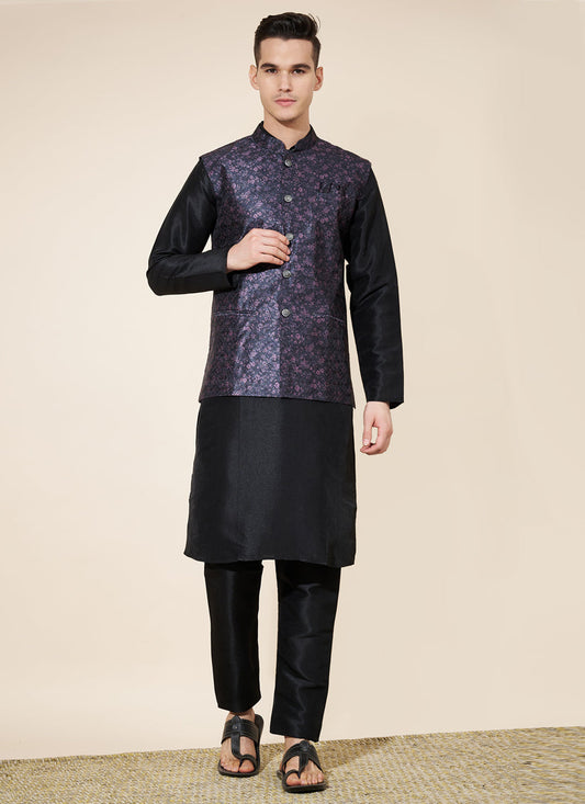 Black Silk Mens Kurta Pajama Set with Jacquard Jacket