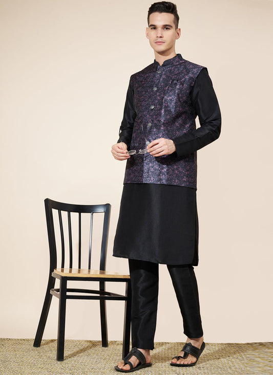 Black Silk Mens Kurta Pajama Set with Jacquard Jacket